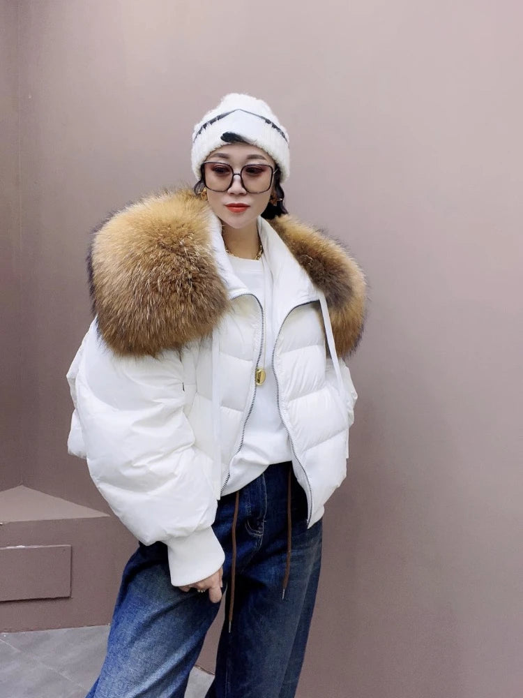 2023 Winter Puffer Jacket Women Large Real Raccoon Fur Collar Short Female Parkas Thick Warm 90% Goose Down Coat Loose