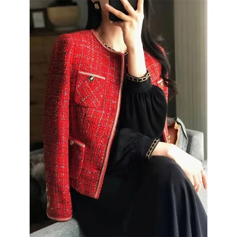 Women Red Tweed Blazers New Autumn Winter O-Neck Single-Breasted Suit Small Fragrance Jacket Female Korean Elegant Lady Coats