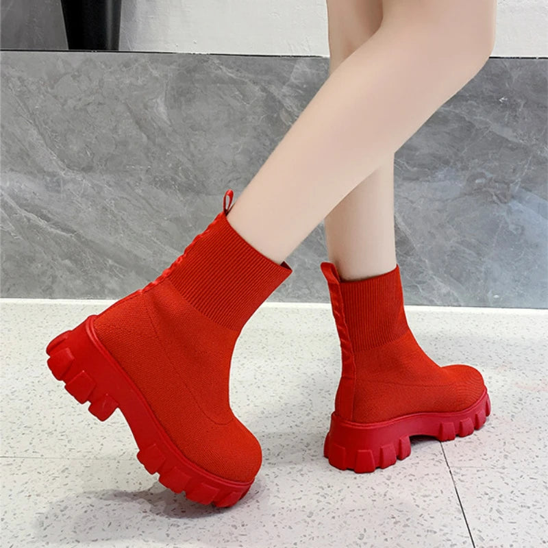 Big Red Boots Women Spring Autumn Fashion Designer Knitted Short Chelsea Boots Female Casual Thick Soled Shoes Botines De Mujer