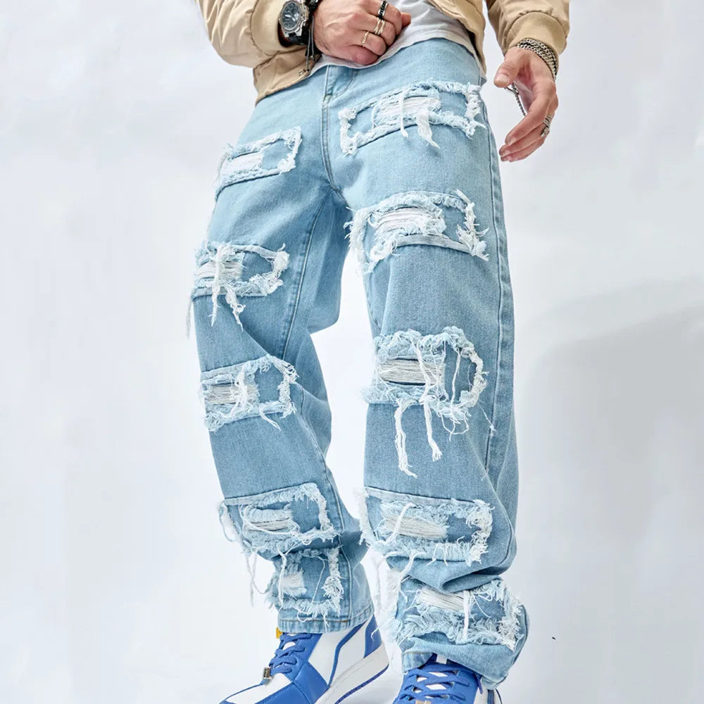 2023 Simple Stylish Men Ripped Patch Hip Hop Loose Jeans Pants Streetwear Male Straight Denim Trousers