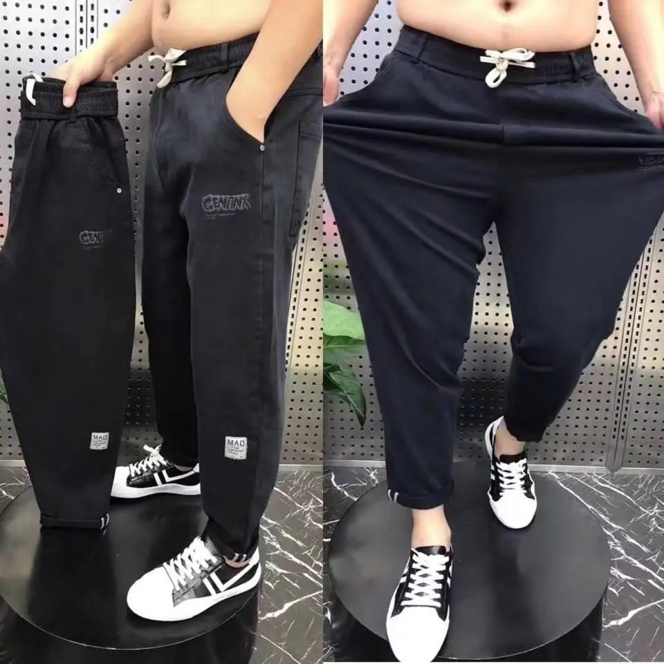 Harajuku Stretch Korea Streetwear Loose Solid Denim Jeans Elastic Waist for Men Spring Summer New plus size 7XL 8XL Casual Pants