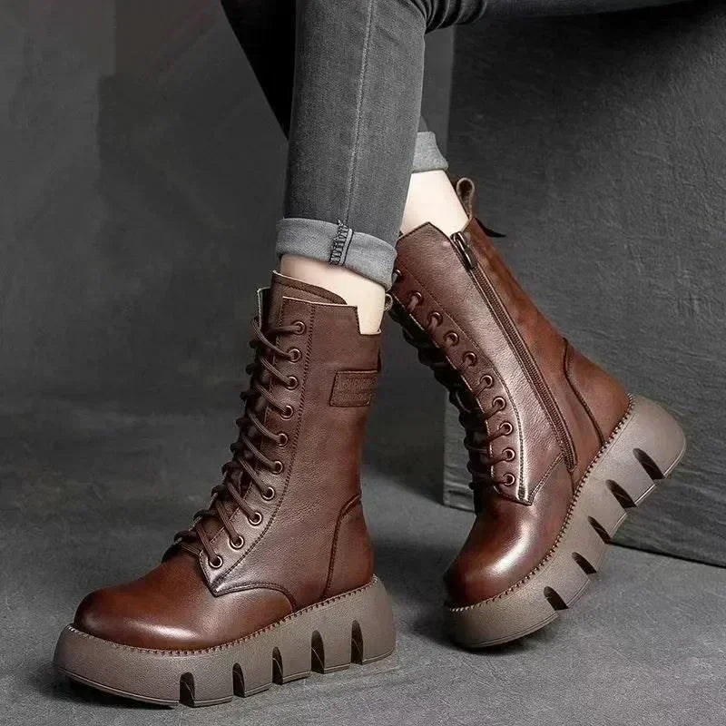 Winter Leather Women Boots 2023 Short Plush Mid-heel Snow Boots Lace Up Warm Lady Platform Biker Ankle Boots for Women Shoes