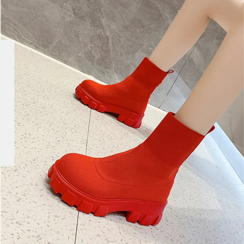 Big Red Boots Women Spring Autumn Fashion Designer Knitted Short Chelsea Boots Female Casual Thick Soled Shoes Botines De Mujer