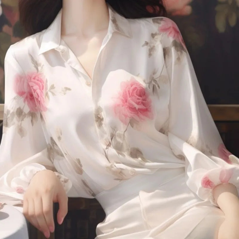 Spring Summer Clothing Turn-down Collar Women's Floral Chiffon Long Sleeve Button Cardigan Shirt Casual Prairie Chic Tops