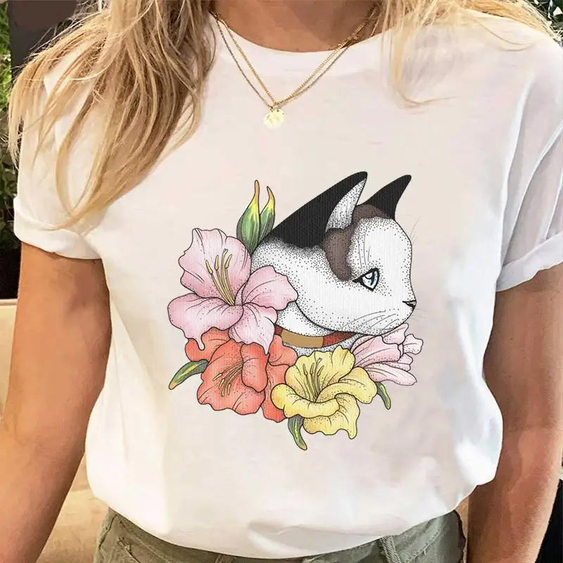 Women Print Tees Tshirt Female Clothes Regular Short Sleeve Tops Cat Simple Cute Print Ladies Fashion Cartoon Graphic T-Shirt