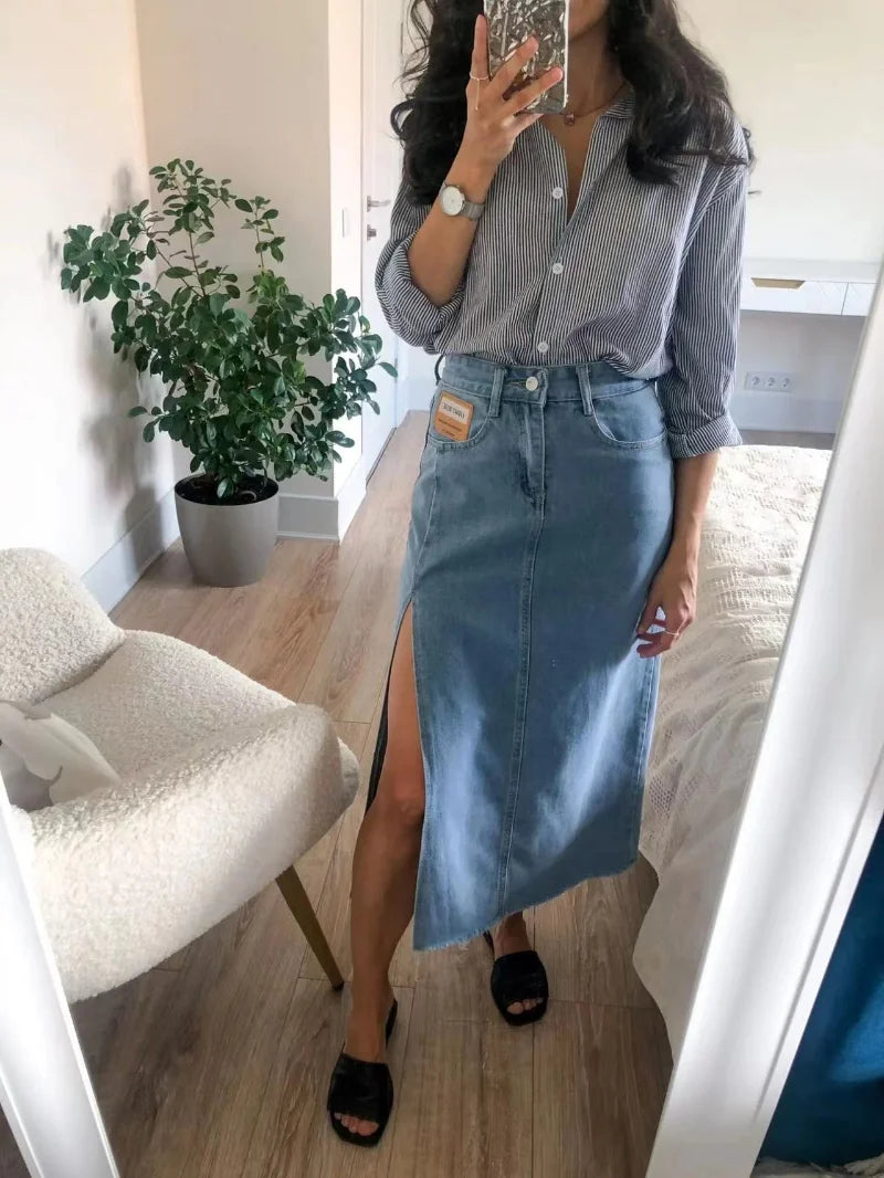 2023 Autumn Maxi Jeans Skirt Women Denim Long Skirts Female Long Korean Summer Vintage Maxi Skirt Sexy Side Split Denim Skirt