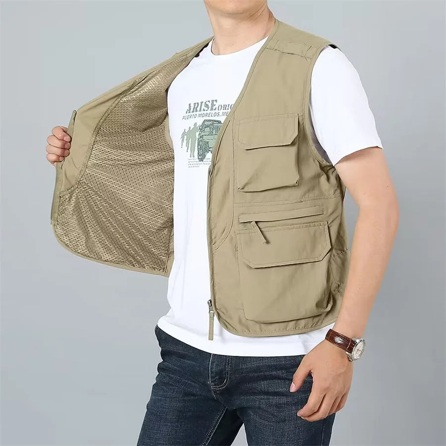 Outdoor Vest Men's Multi-Pocket Loose Workwear Sleeveless Jacket Men Climbing Hiking Fishing Cargo Tool Waistcoat Oversize 6XL