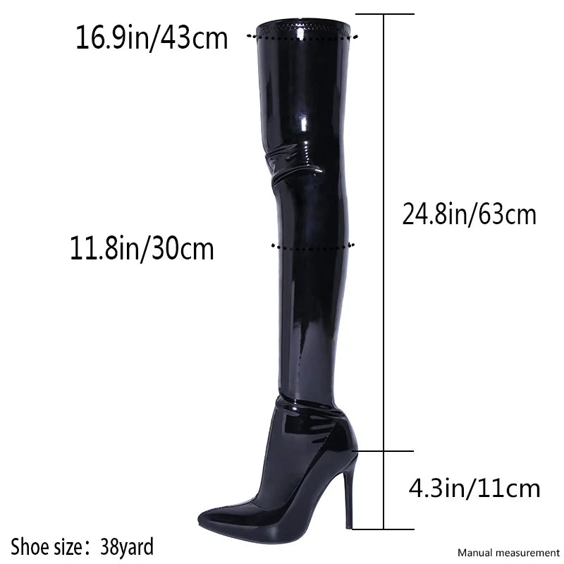 Big Size 45 Black Patent Leather Thigh High Boots 2024 Winter Pointed Toe Slip On High Heels Long Boots Women Shoes