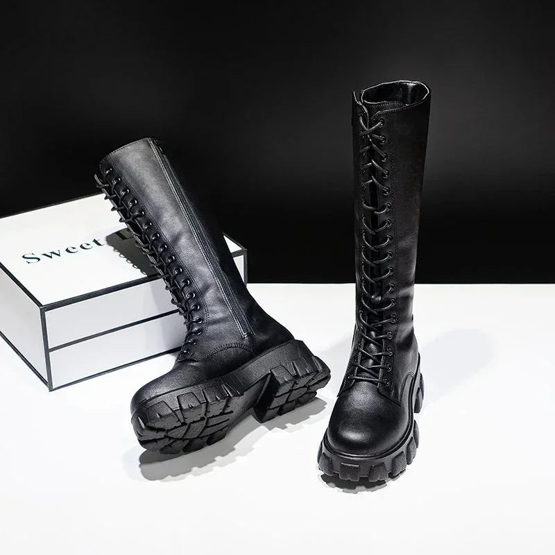 New Autumn Womens Mid Calf Boots Zipper Womens Shoes Punk Long Women Boots Winter Pu Leather Large Size 43 Zapatos Para Mujeres