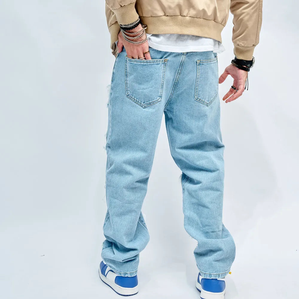 2023 Simple Stylish Men Ripped Patch Hip Hop Loose Jeans Pants Streetwear Male Straight Denim Trousers