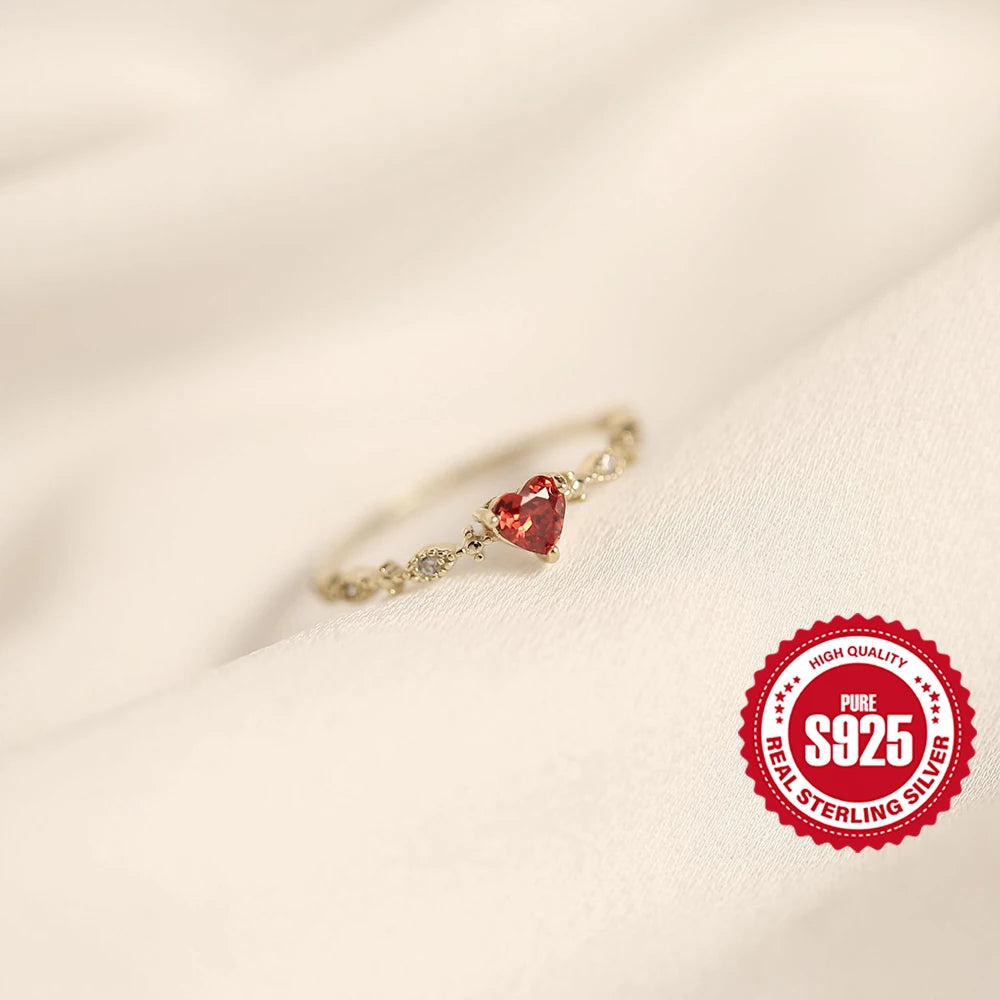 Aide Ruby Red Heart Zircon Rings 925 Sterling Silver For Women Gold Luxury Cocktail Jewelry Wedding Party Valentine's Day Gift