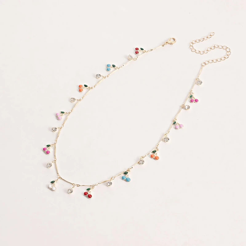 Colorful Dripping Cherry Zircon Pendant Necklace For Women Sexy Short Beach Chokers Clavicle Chain Jewelry Boho Accessories