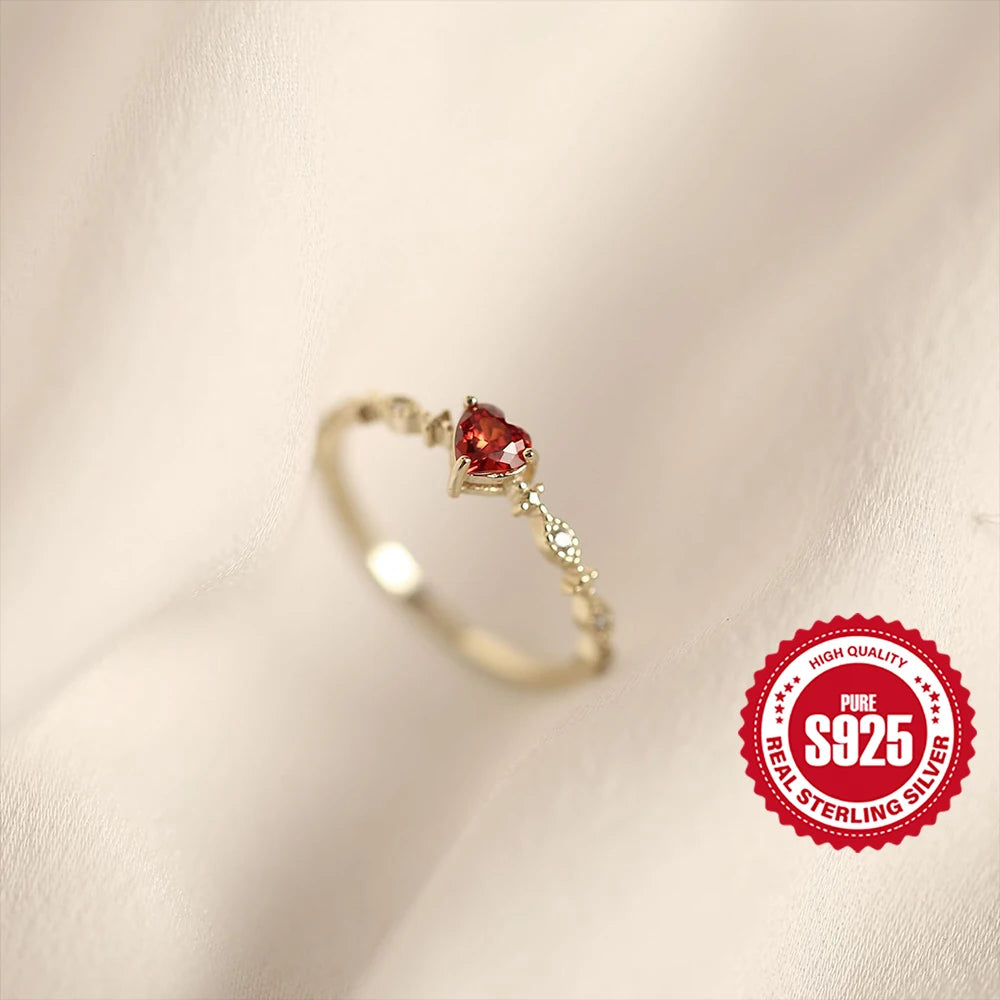 Aide Ruby Red Heart Zircon Rings 925 Sterling Silver For Women Gold Luxury Cocktail Jewelry Wedding Party Valentine's Day Gift