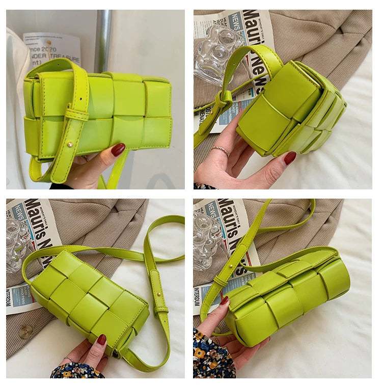 Hot Green Woven Feather Down Padded Shoulder Bag Women Luxury Stylish Nylon Quilted Pillow Crossbody Purses With Clutch Handbag