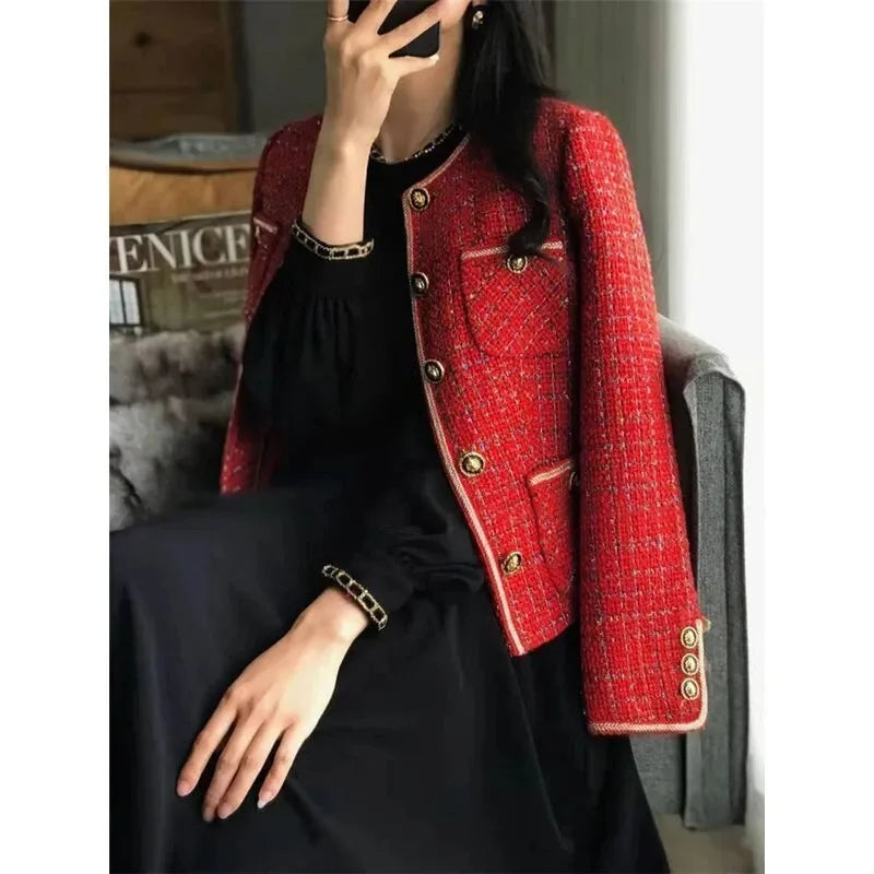 Women Red Tweed Blazers New Autumn Winter O-Neck Single-Breasted Suit Small Fragrance Jacket Female Korean Elegant Lady Coats