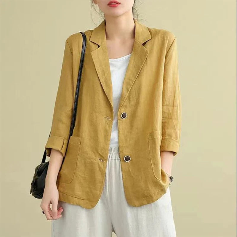 Spring Autumn Cotton Linen Loose Casual Blazers Female Long Sleeve Elegant Fashion Cardigan Suit Women's All-match Coat Jacket