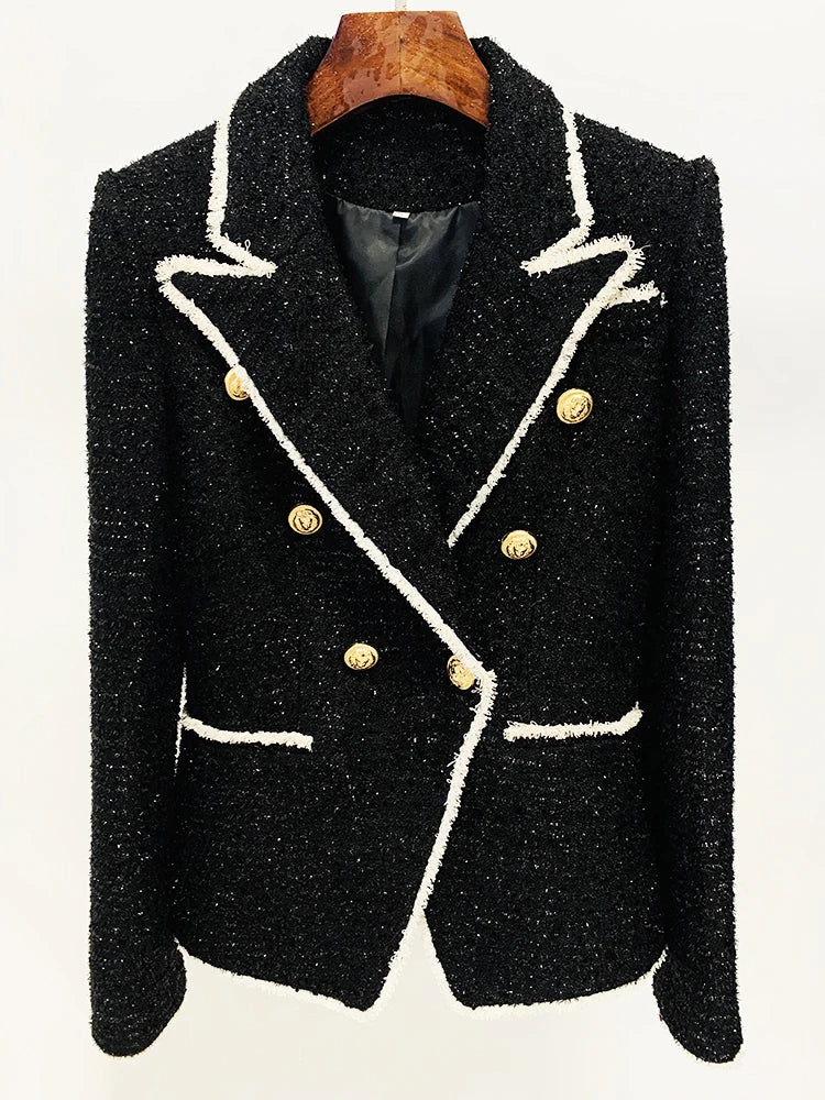 HIGH STREET Newest Fashion 2024 Designer Jacket Women's Slim Fitting Lion Buttons Contrast Color Fringed Tweed Blazer