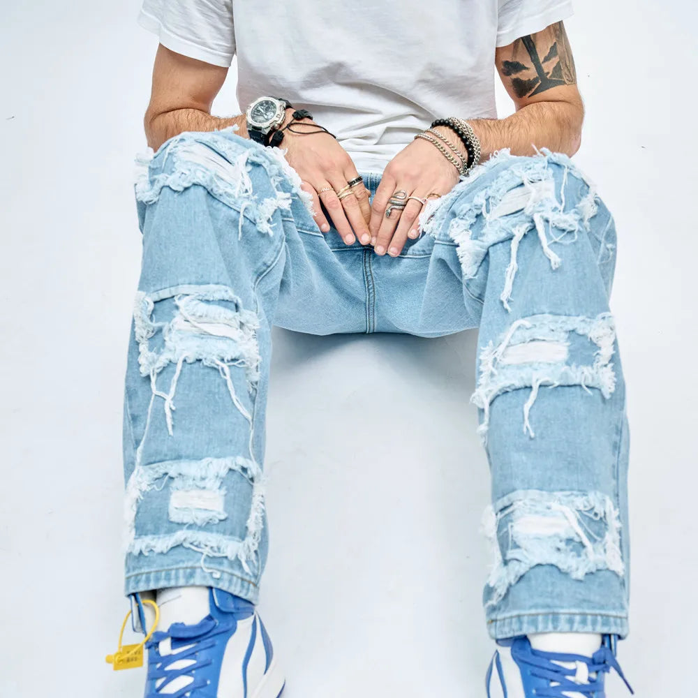 2023 Simple Stylish Men Ripped Patch Hip Hop Loose Jeans Pants Streetwear Male Straight Denim Trousers