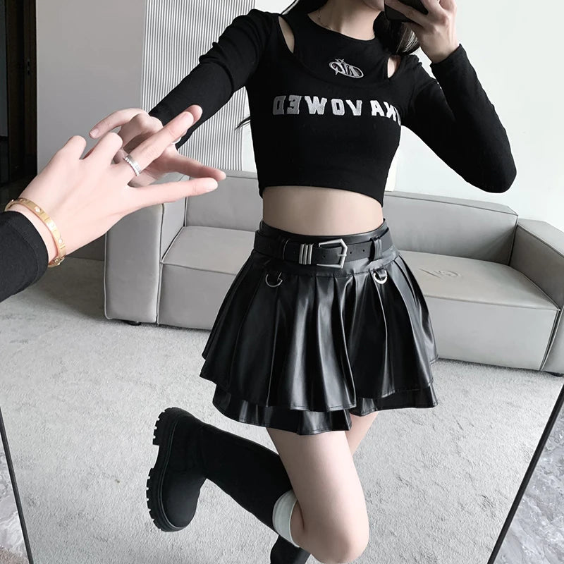 2023 Autumn Cool Silver PU Leather Mini Skirt Women Belt High Waist Pleated Skirts With Shorts Streetwear Y2K Jupe Femme Saias