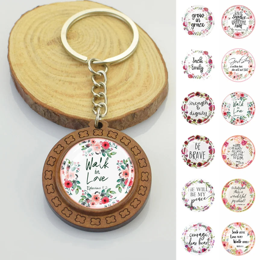 Christian Bible Keychain Brown Retro Wooden Glass Dome Verse Wreath Keychain Bible Quotes Keyring Ladies Bag Jewelry Accessories