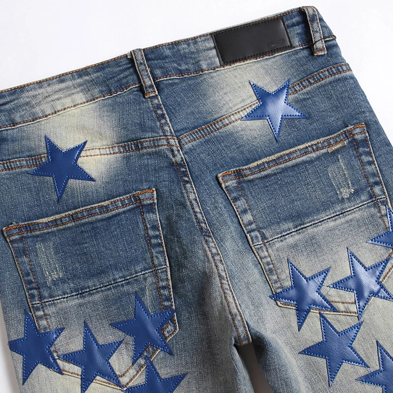 2023 Autumn New Fashion Men High Street Blue Star Embroidery Patch Jeans Men's Slim Fit Denim Pants Jeans Vaqueros Hombre