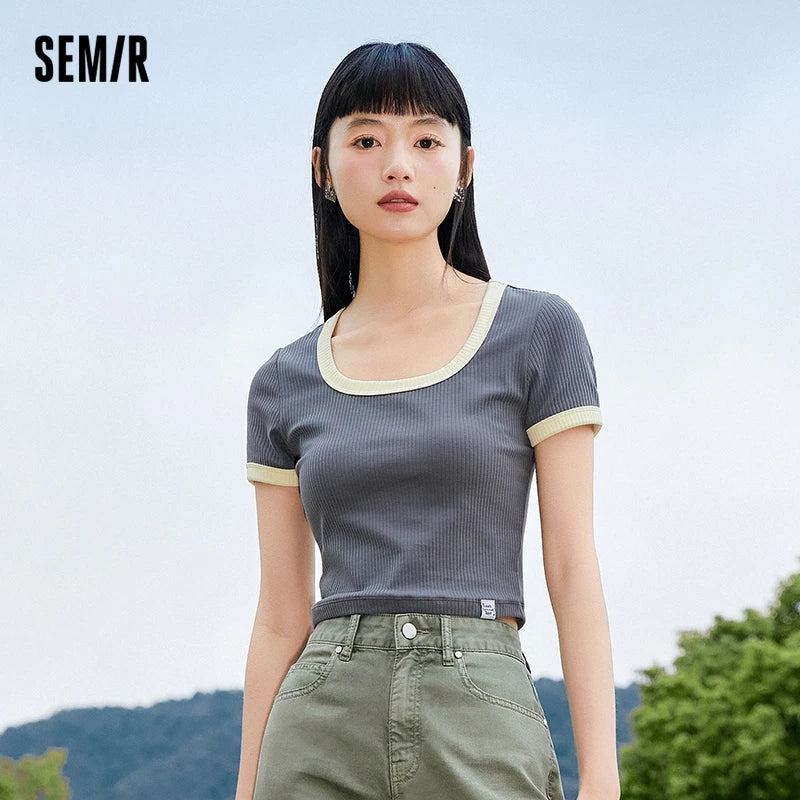 Semir Short Sleeve T Shirt Women Short Front Shoulder Sexy Overlay 2023 Summer New Contrast Tight Tshirt Versatile