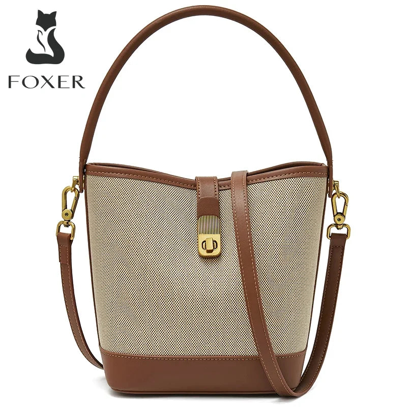 FOXER 2024 PU Leather Stylish Women's Handbag Elegant Commuter Messenger Shoulder Bag Lady Office Patchwork Bucket Crossbody Bag