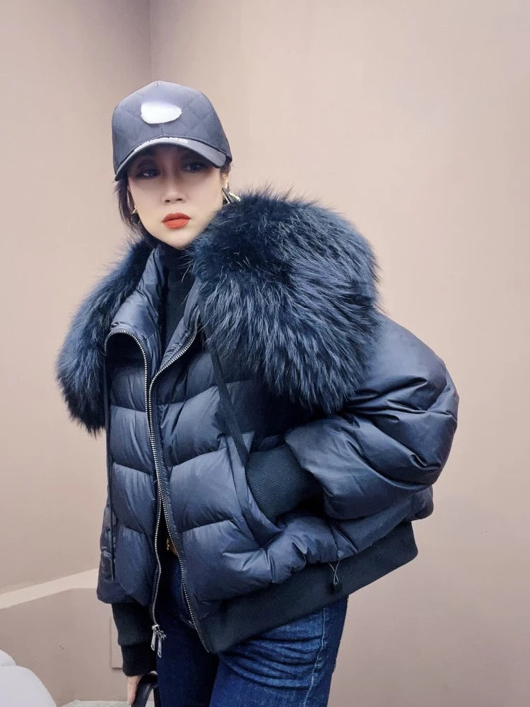 2023 Winter Puffer Jacket Women Large Real Raccoon Fur Collar Short Female Parkas Thick Warm 90% Goose Down Coat Loose