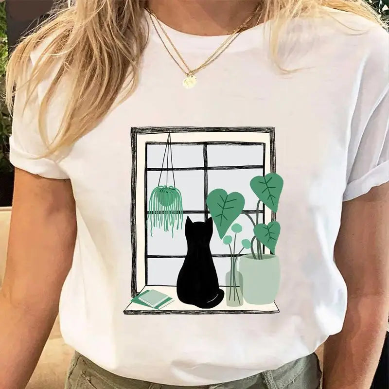 Women Print Tees Tshirt Female Clothes Regular Short Sleeve Tops Cat Simple Cute Print Ladies Fashion Cartoon Graphic T-Shirt