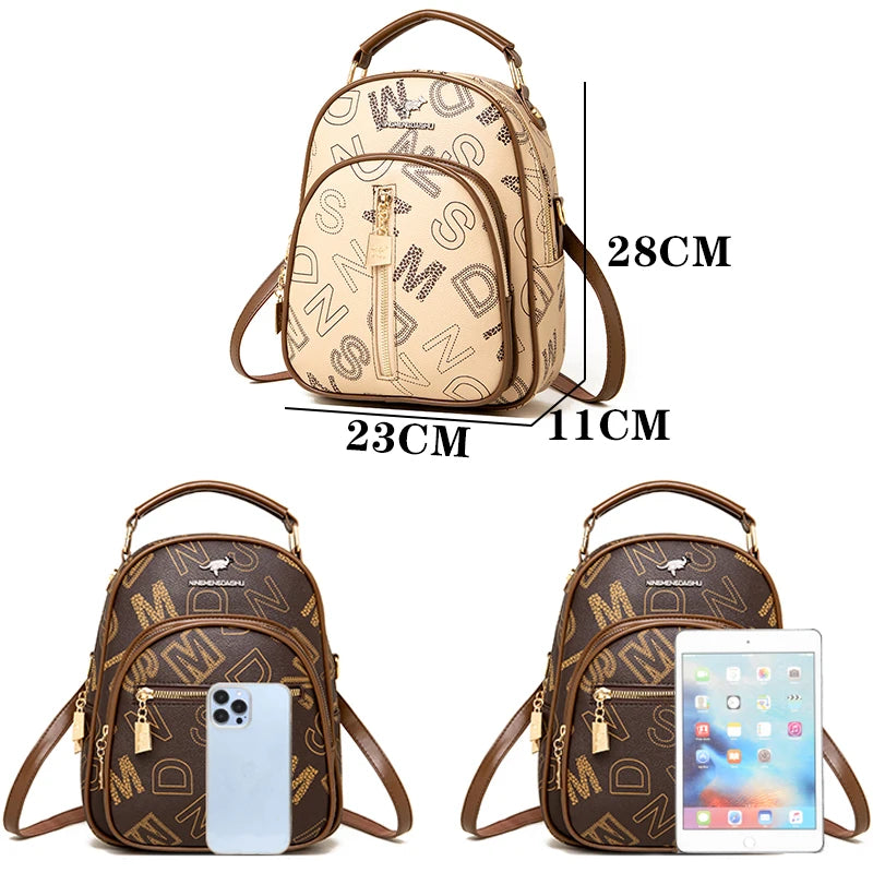 Women Anti Theft Backpacks Female Utility ShoulderBag Stylish Travel Bag 2024 Luxury Letter Printed Soft PU Leather Backpack