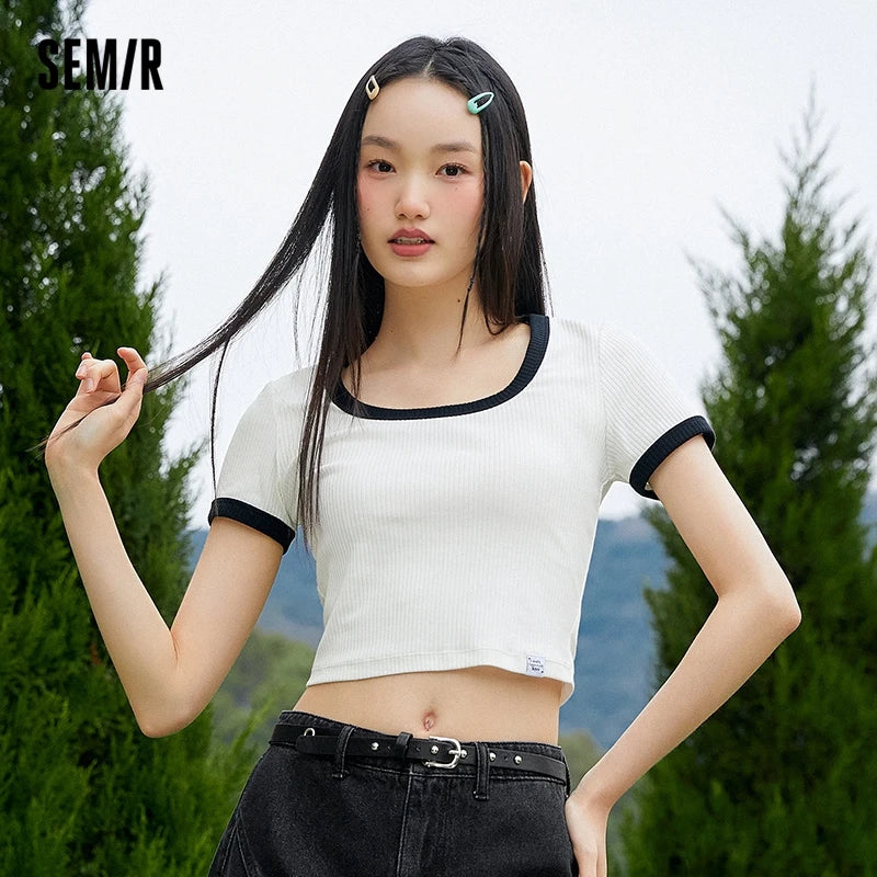 Semir Short Sleeve T Shirt Women Short Front Shoulder Sexy Overlay 2023 Summer New Contrast Tight Tshirt Versatile