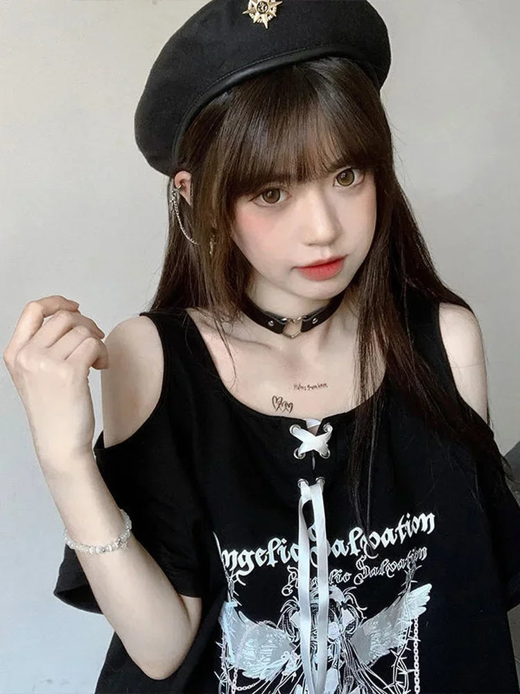 Harajuku Cartoon Print Kawaii T-shirt Women Off Shoulder Graphic T Shirts Fairy Grunge Y2k Aesthetic Tee Gothic Graphic Camiseta