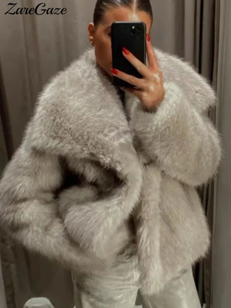 Warm Fluffy Faux Fur Jacket Coat Women Loose Long Sleeve V-neck Female Cardigan 2024 Winter Fashion Lady Overcoat Streetwear