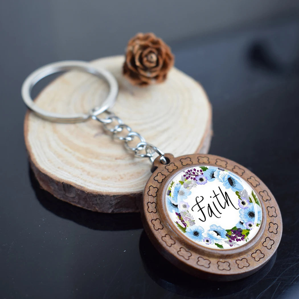 Christian Bible Keychain Brown Retro Wooden Glass Dome Verse Wreath Keychain Bible Quotes Keyring Ladies Bag Jewelry Accessories