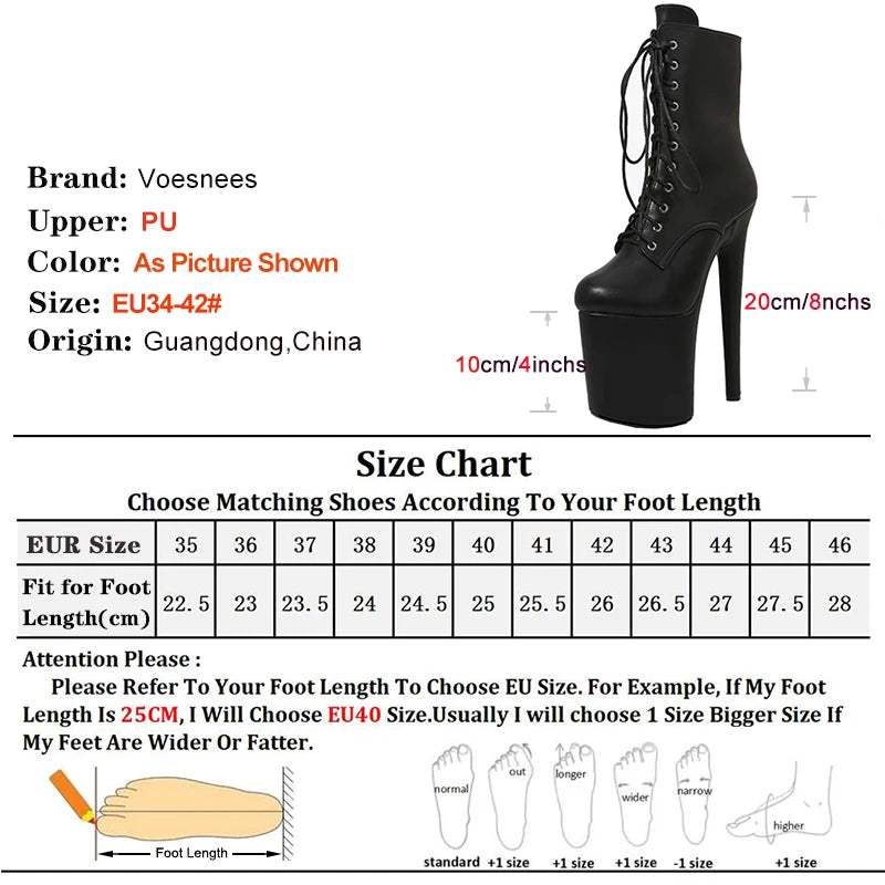 Women Ankle Boots 8Inch Black Strip Pole Dance Boots 15 17 20cm Black Stripper Heels Platform PU Lace-up Zip Striptease Shoes