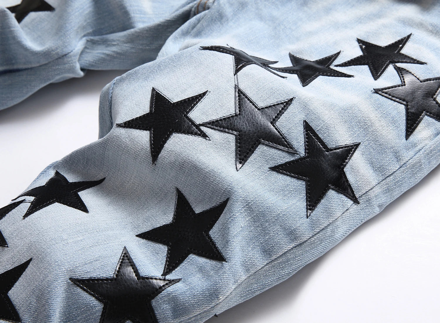 Stars Patched Design Men's Cotton Blend Denim Jorts, Chic Street Style Male Bottoms For Casual Daily Wear