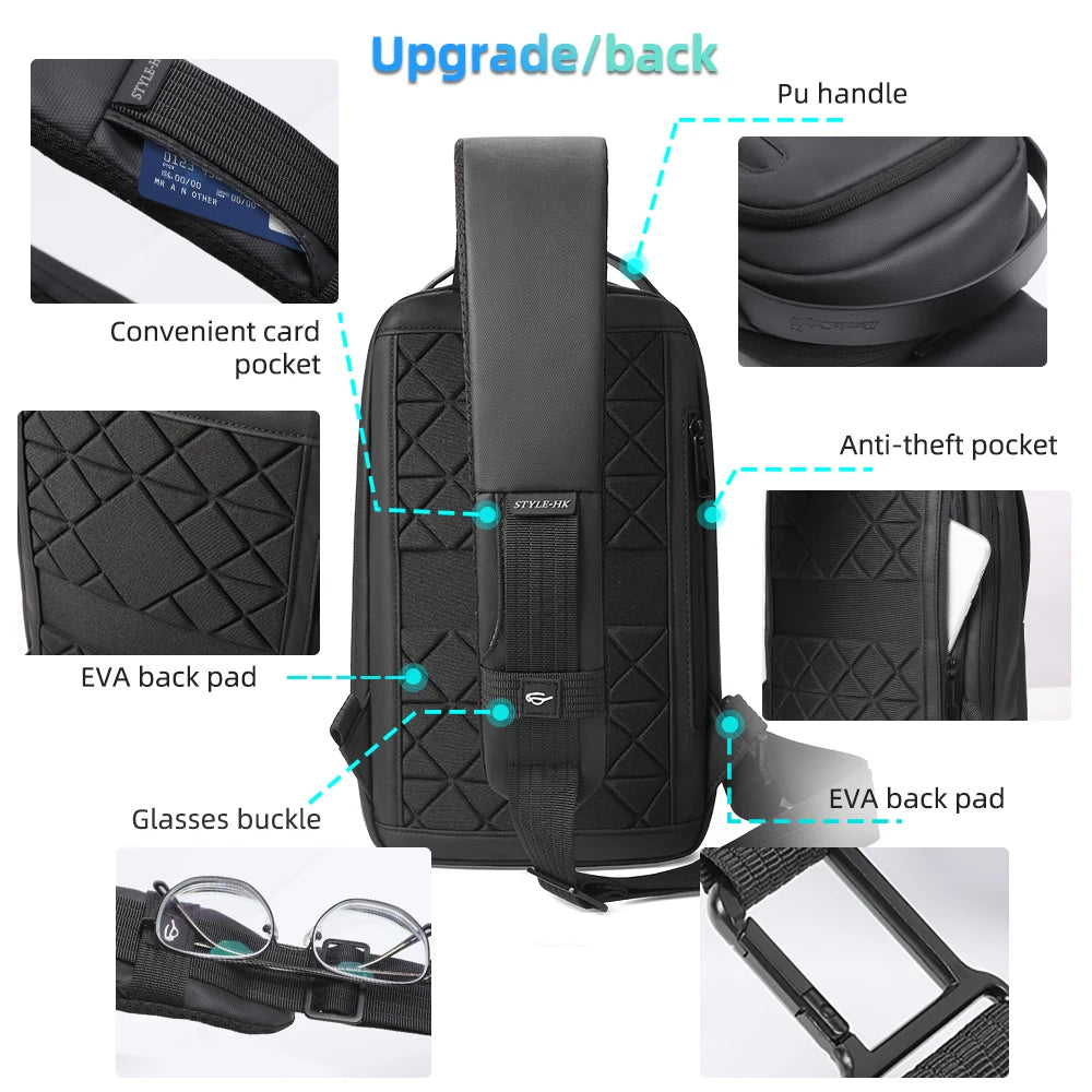 Heroic Knight Crossbody Chest Bag Waterproof Men Shoulder Bag for 11" Ipad Casual Stylish Man Work Messenger Phone Pack with USB