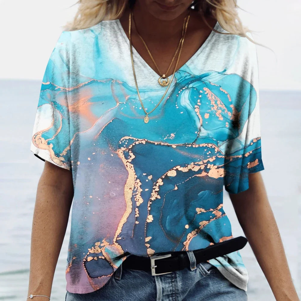 2024 Women's V-neck T-shirt 3d Colorful Fashion Y2K Street Women's Oversized Loose Sports T-shirt Women's T-shirt Tops