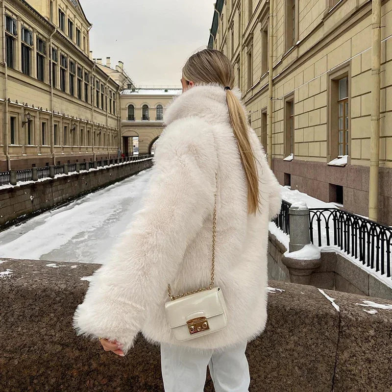 Fashion Fluffy Furry Faux Fur Jacket Women Winter Shaggy Overcoats Thick Warm Medium Length Fox Fur Coat Plush Outerwear Femme