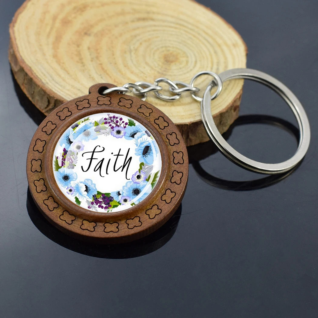 Christian Bible Keychain Brown Retro Wooden Glass Dome Verse Wreath Keychain Bible Quotes Keyring Ladies Bag Jewelry Accessories