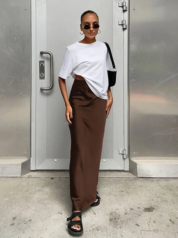 Elegant Satin Black Trumpet Skirts Fashion Slim High Waist Skirts Women Female 2023 Solid Office Long Skirt Spring Summer