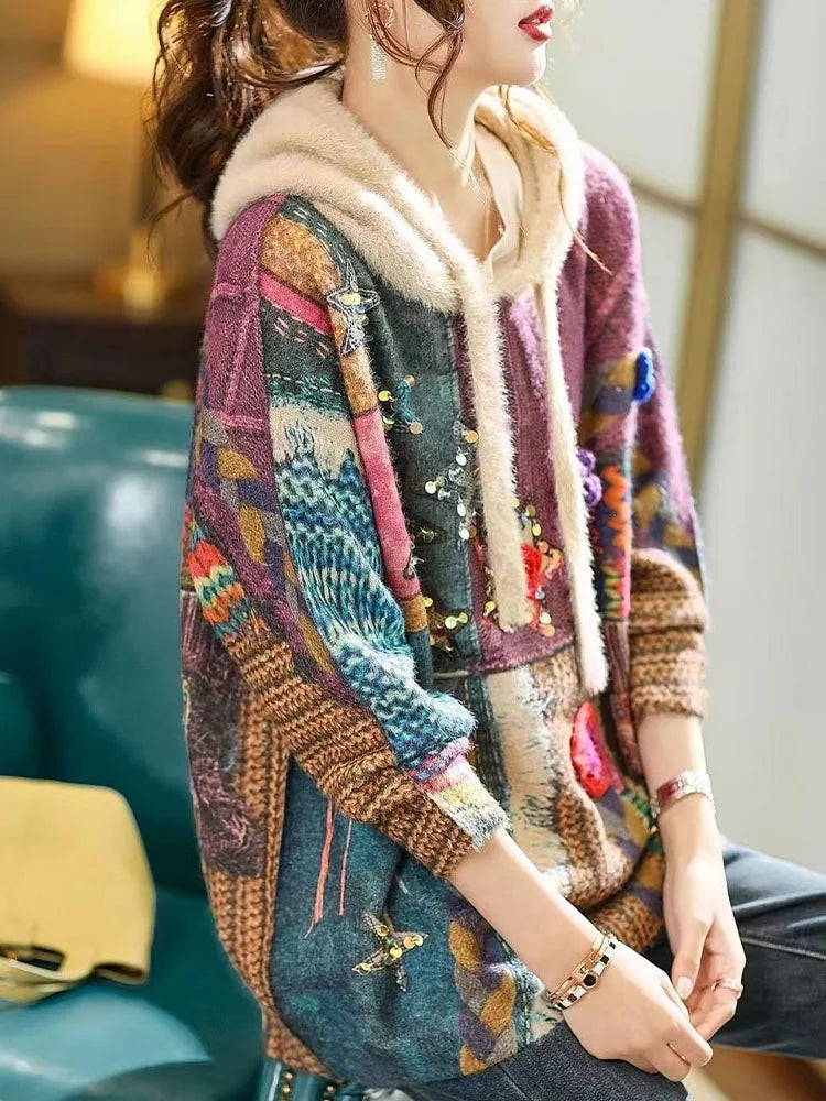 Max LuLu Winter Korean Womens Luxury Hooded Printed Sequins Sweaters Female Fashion Loose Pullover Classic Warm Leisure Jumpers