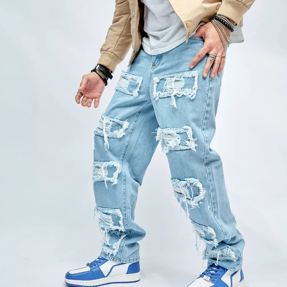 2023 Simple Stylish Men Ripped Patch Hip Hop Loose Jeans Pants Streetwear Male Straight Denim Trousers