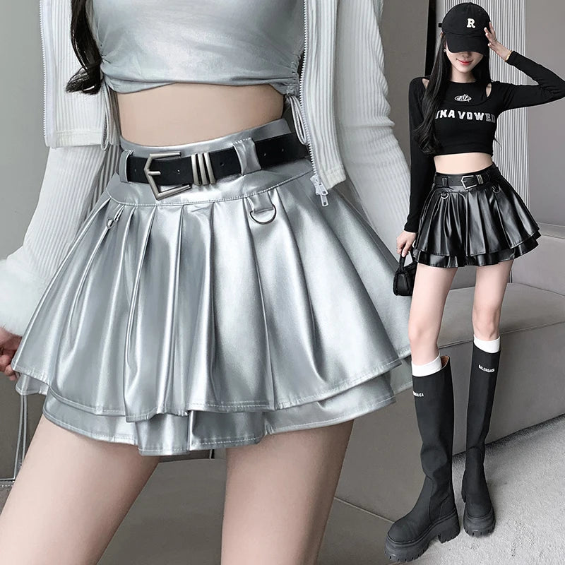 2023 Autumn Cool Silver PU Leather Mini Skirt Women Belt High Waist Pleated Skirts With Shorts Streetwear Y2K Jupe Femme Saias