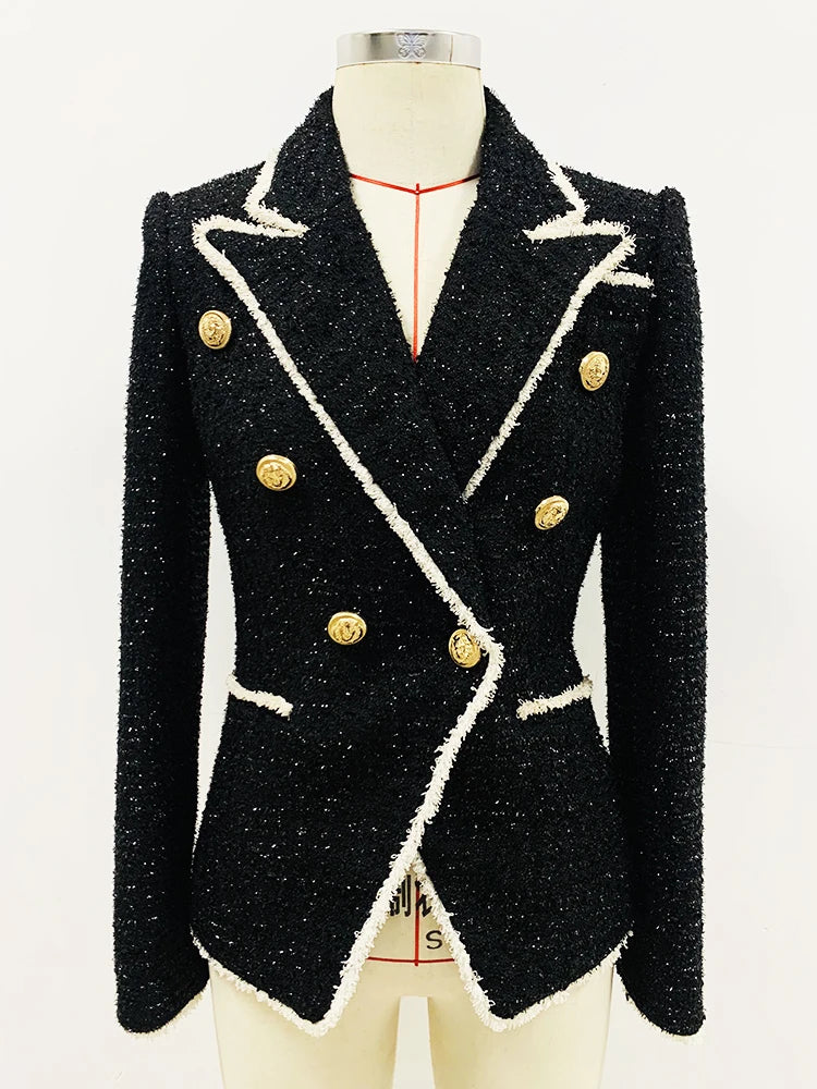 HIGH STREET Newest Fashion 2024 Designer Jacket Women's Slim Fitting Lion Buttons Contrast Color Fringed Tweed Blazer