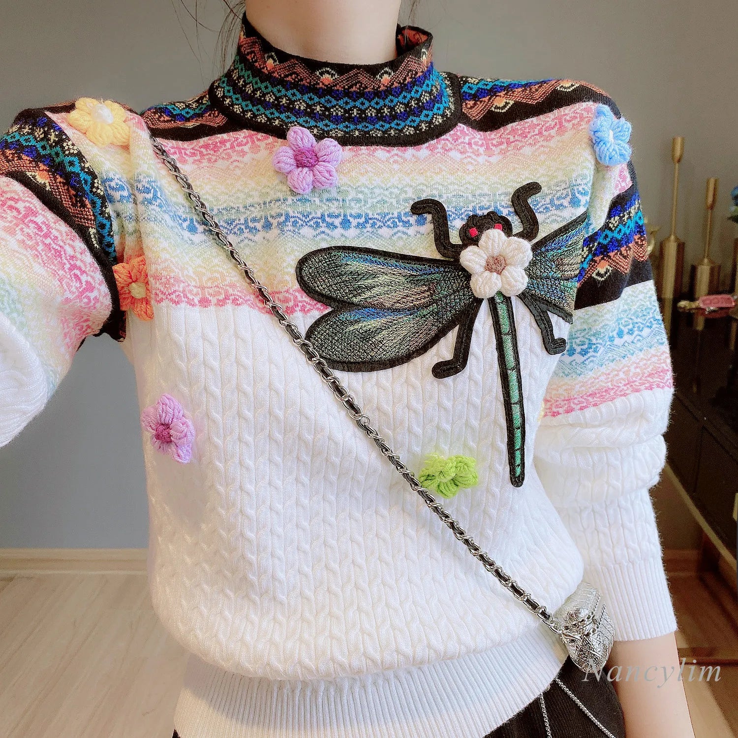 2023 Spring Autumn New Round Neck Long Sleeve Contrast Color Twist Sweater Women's Three-Dimensional Flower Dragonfly Pull Femme