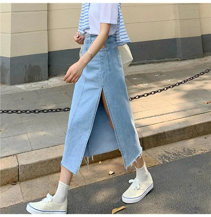 2023 Autumn Maxi Jeans Skirt Women Denim Long Skirts Female Long Korean Summer Vintage Maxi Skirt Sexy Side Split Denim Skirt