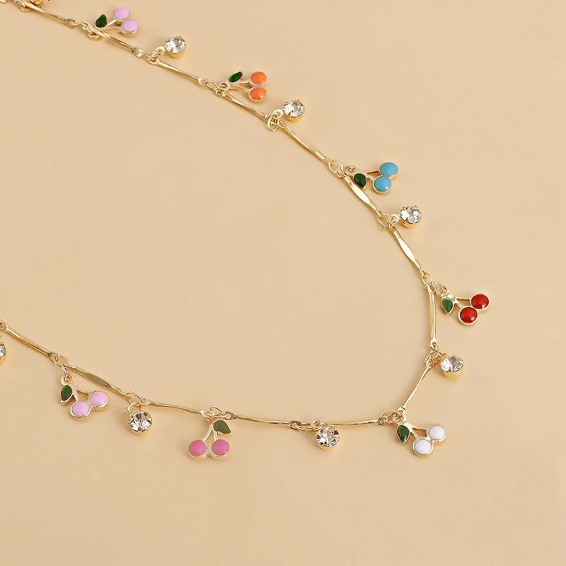 Colorful Dripping Cherry Zircon Pendant Necklace For Women Sexy Short Beach Chokers Clavicle Chain Jewelry Boho Accessories